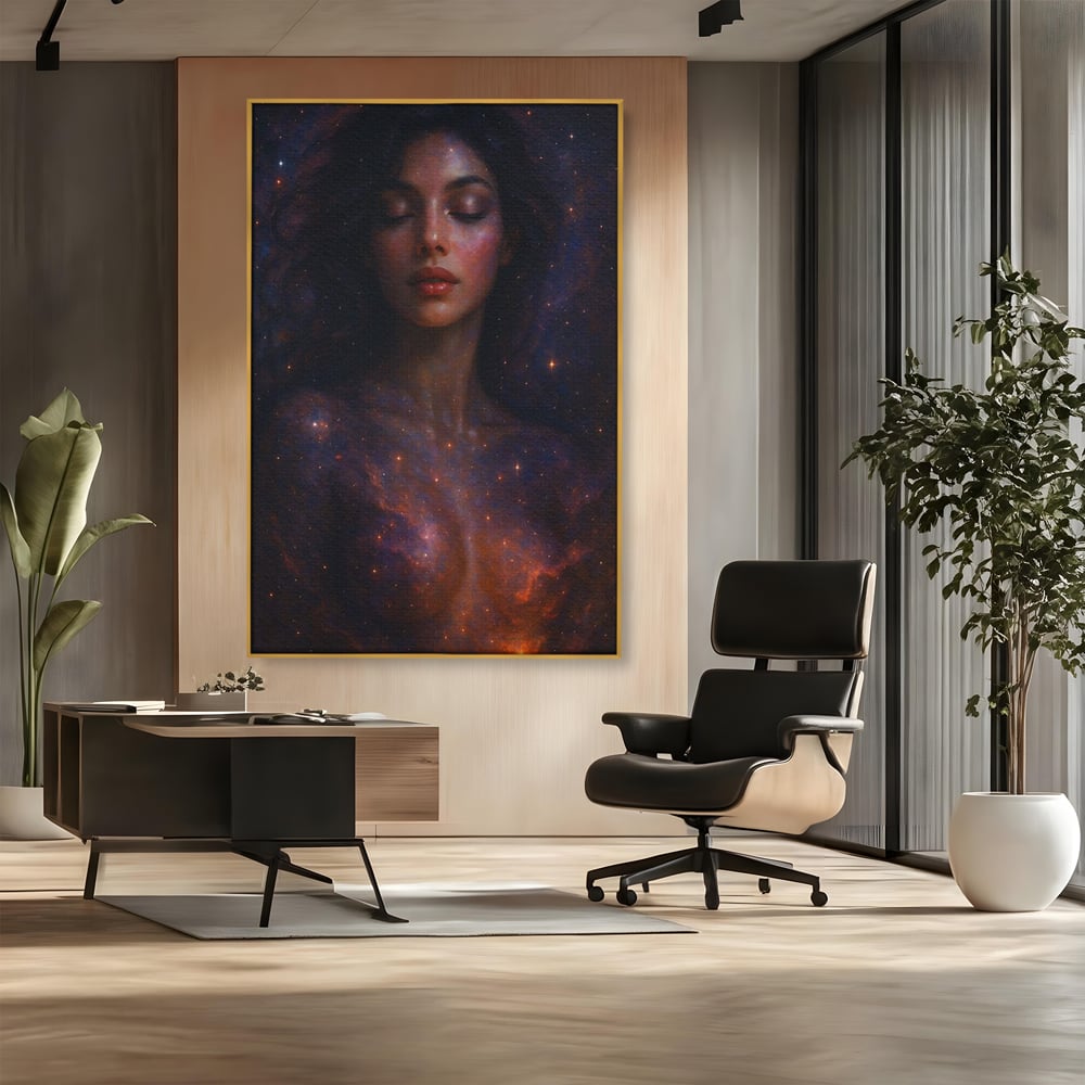 Tablou canvas cu tablou canvas cu femeie si galaxie, in rama de aluminiu auriu, pe perete intr-un birou